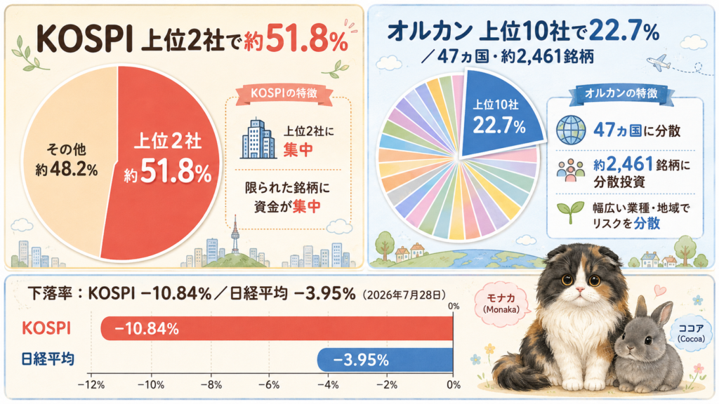 KOSPIとオルカンの集中度、および2026年7月28日の下落率を比較した図。KOSPIは上位2社で約51.8%を占め、その他が約48.2%。オルカンは上位10社で22.7%にとどまり、47ヵ国・約2,461銘柄に分散している。同じ日の下落率はKOSPIがマイナス10.84%、日経平均がマイナス3.95%