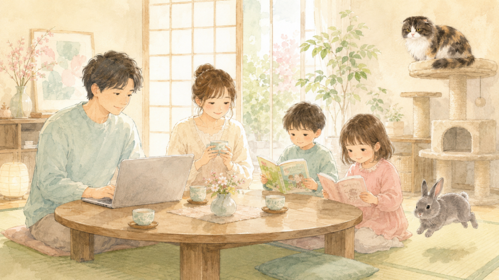 畳と障子のある和室で、ノートパソコンを開いた父親と、お茶を飲む母親、絵本を読む子ども2人がくつろぐ様子。奥のキャットタワーの上には三毛のスコティッシュフォールドのもなか、床では灰色のうさぎのココアが跳ねている
