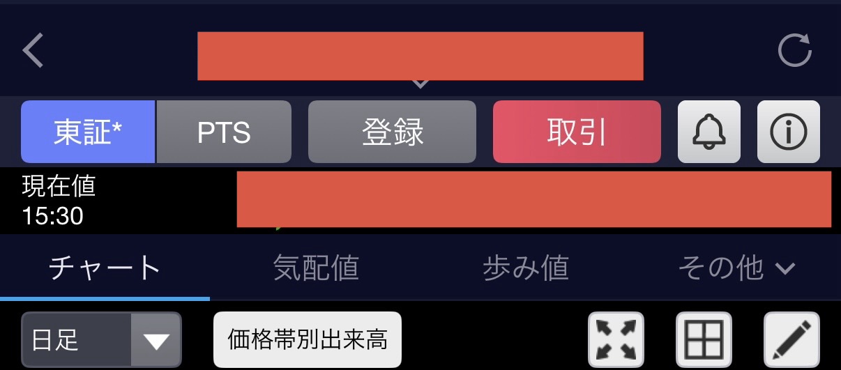 SBI証券アプリの銘柄画面の上部。「東証」と「PTS」というタブが横に並んでおり、どちらの市場の値段を見るか切り替えられる