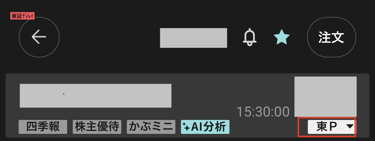 楽天証券アプリの銘柄画面の一部。右下に「東P」と書かれたボタンがあり、ここをタップすると東証・JNX・JAX と市場を切り替えられる