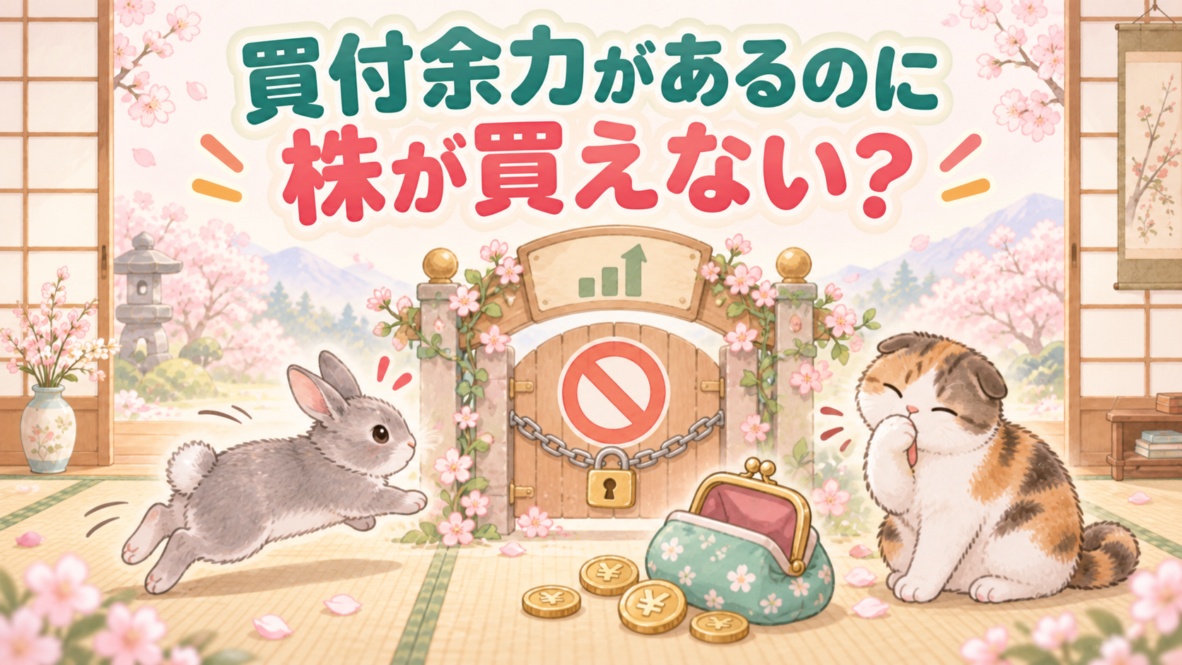 買付余力があるのに株が買えない？お金の入った財布と閉じた扉、もなかとココアを描いたアイキャッチ