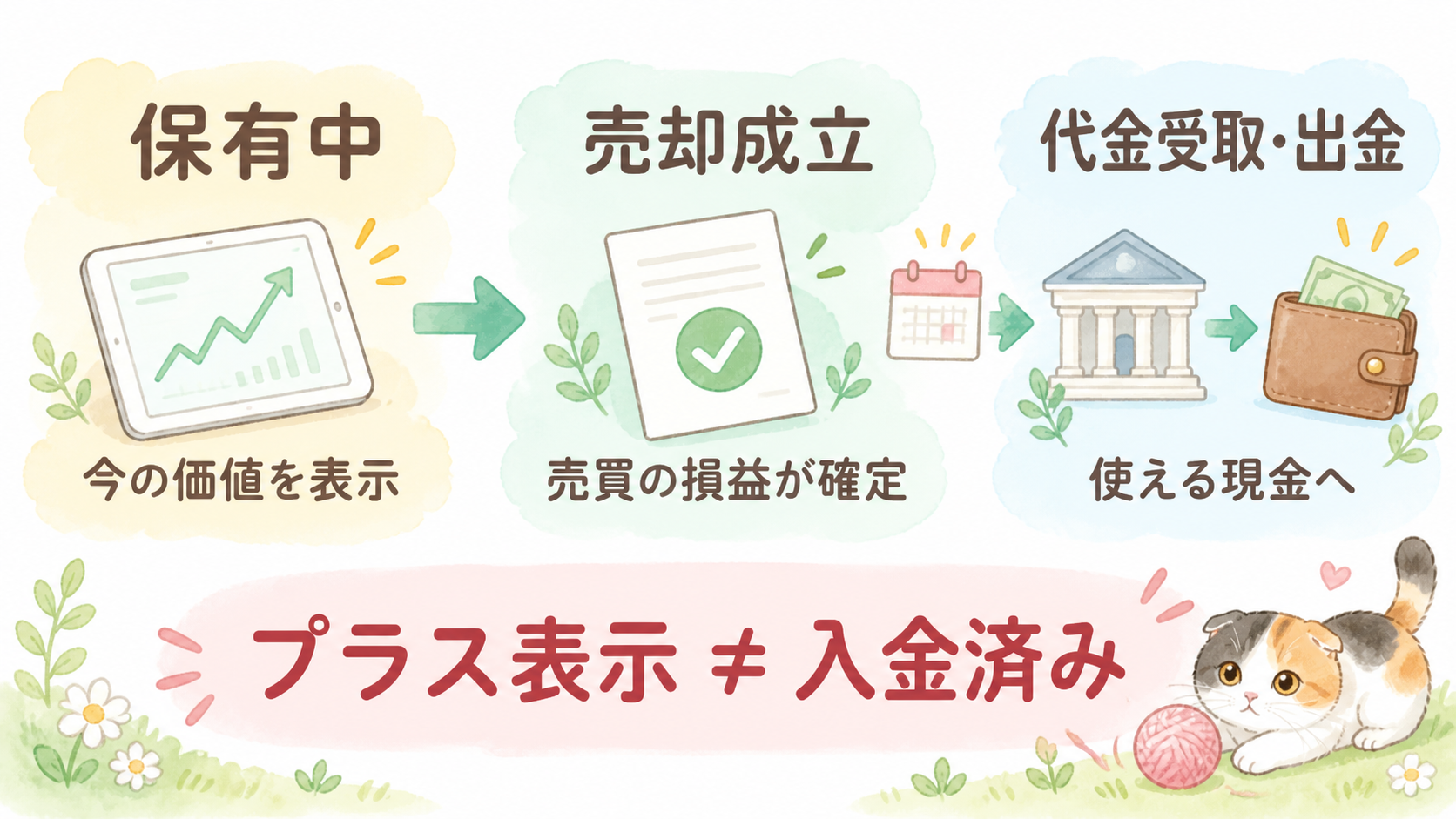 保有中の評価損益、売却成立時の損益、代金受取と出金の3段階を示す概念図