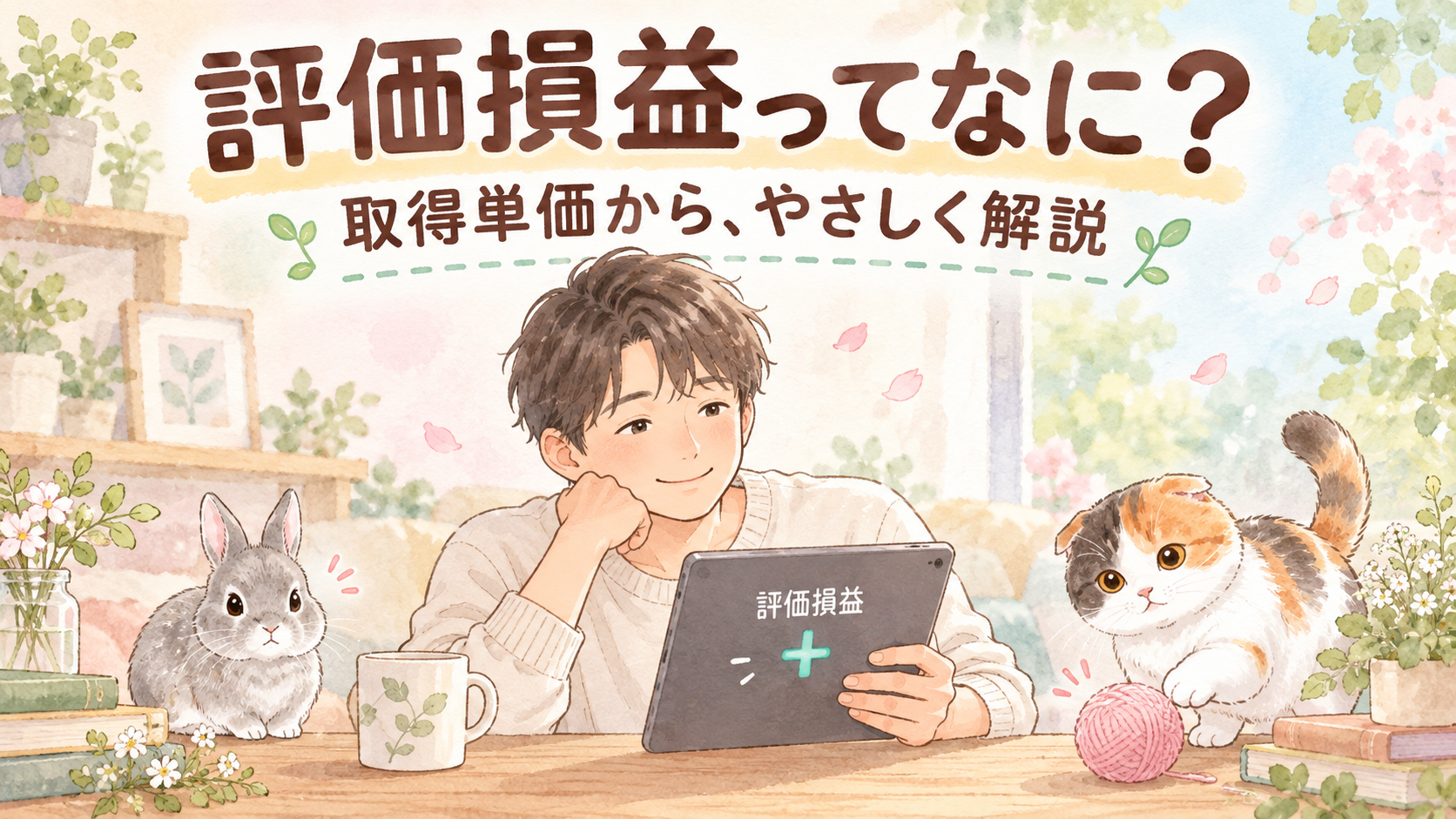 評価損益と取得単価を確認する人と、もなか・ココアの水彩イラスト