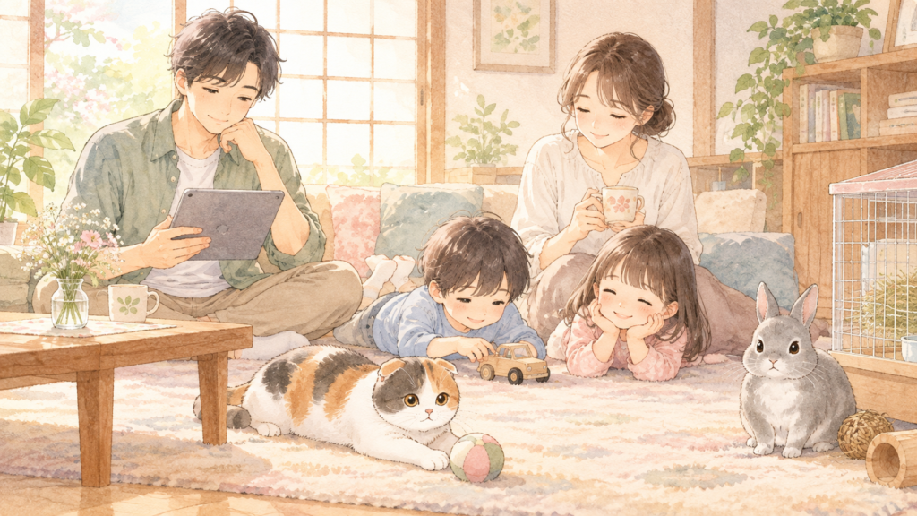 タブレットを見て微笑むやんともと、家族・もなか・ココアの暮らしのイメージ