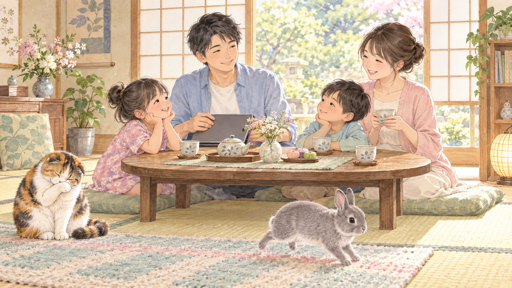 家族と過ごす若々しい30代の父親。もなかは顔を毛づくろいし、ココアは部屋の中を走っている。